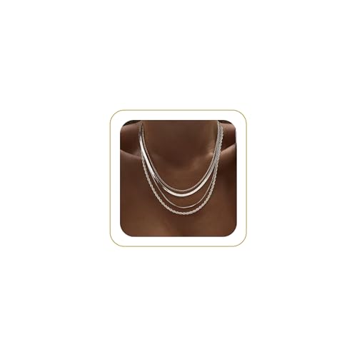 Tewiky Layered Necklaces for Women Non Tarnish- Chunky 14k Gold Plated Herringbone/Snake/Rope/Box/Cuban Link Chain for Women Waterproof Layering Stack Choker Necklace Trendy Dainty Tarnish Free Jewelry Set - color: 4 Layered Necklace Silver