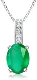 Angara Natural Oval Emerald Solitaire Pendant with Diamond Bale in Silver / 14K Solid Gold/Platinum With 18" Chain | May Birthstone, Birthday, Engagement, Anniversary, Wedding Jewelry Gift for Women