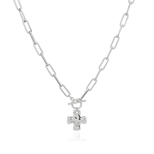 Bheop Chunky Cross Necklace for Women Trendy 14K Gold Silver Layered Statement Cross Pendant Charm Necklace Waterproof Paperclip Herringbone Snake Choker Chain Christian Jewelry Set Gift Non Tarnish - style: SL-Toggle Necklace(0.8 inch Pendant)