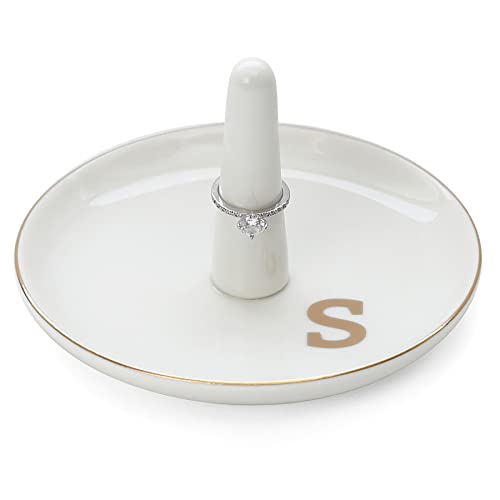 HOME SMILE Initials Ring Holder Jewery Tray with personalized S-Monogrammed Engagement Gifts for Friends,Birthday Mother's Day Christmas Gifts for Women,Ceramic White - style: S
