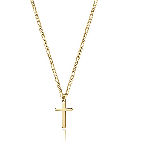 Joxevyia 14K Gold Filled Cross Necklace for Men Figaro Chain Stainless Steel Polished Cross Pendant Necklace Simple Baptism Faith Jewelry Gift - size: 20 inches, style: small cross pendant(1.0"*0.6")