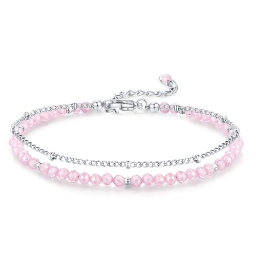 Peridot Stand Silver Gold Bracelets, Handmade Birthstone Stack Bracelet Crystal Gemstones Bead Chain Gift for Women, 8" - color: Silver-10-Oct Pink tourmaline
