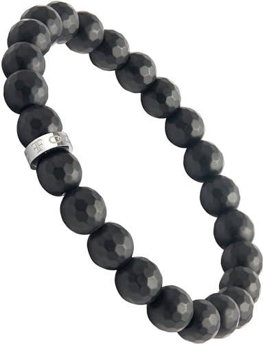 Forge & Foundry Faceted Matte Black Onyx Stone Beaded Bracelet | Custom Signature Stainless Steel Bead | ‘Pindar’ | 8mm and 10mm Bead Desgins | Refined Hand-Crafted Jewelry - color: 8mm Silver, size: Large