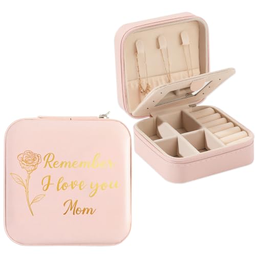 Mom Gifts Remember I Love You Mom Pink Jewelry Box Valentines Christmas Mothers Day Gifts for Moms from Daughter Son Kids Easter Birthday Gift for Moms PU Leather Portable Travel Jewelry Case - color: mom1 remember
