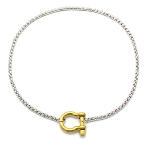 18K Gold Plated Buckle Necklace with Heavy Screw Anchor Shackle Wheat Chain Two Tone Carabiner 17.7 Inch Stainless Steel Foxtail Chain - color: Silver necklace with gold clasp
