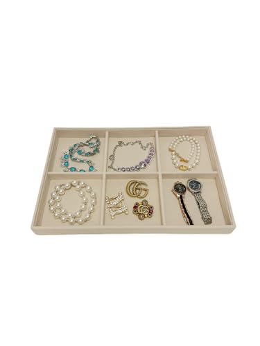 Beige Jewelry Organizer Tray 6 Compartment, Stackable Display Tray for Necklaces Bracelets Brooches Watches, Removable Dividers, Pebble Texture Finish, Drawer Insert Home Retail Trade Show - color: 6 Grid Jewelry Tray