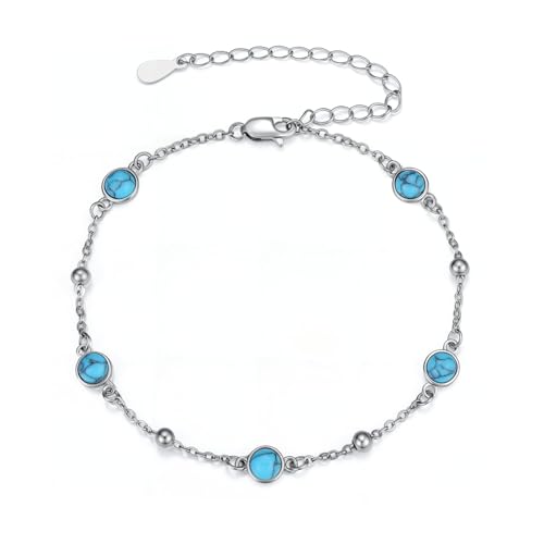 HPQQ Anklet Bracelet for Women 925 Sterling Silver Natural Stone Chain Bead Ankle Bracelet Beach Summer Fine Jewelry Mothers Day Birthday Gifts for Women Mom Wife - color: Bracelet-7"-9"-Turquoise