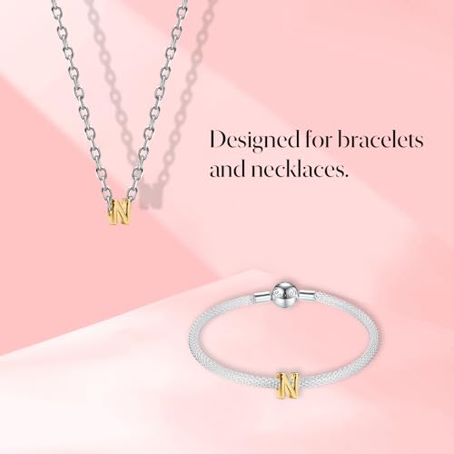 S925 A-Z Bead Charms,Initial Letter Alphabet, 14K Gold Plated, for Bracelet Necklace, Gift for Mothers Nurses Day Graduation Birthday Anniversary, for Girlfriend Family Friend, for Pandora - style: N