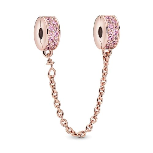 S925 Bead Dangle Charms for Bracelets Necklaces, Compatible with Pandora - style: Pink Pave Clips Safety Chain 14K Rose Gold Plated