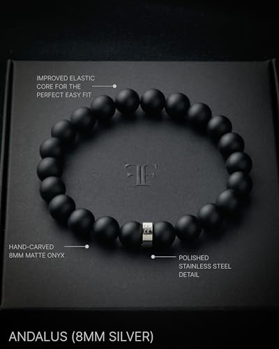 Forge & Foundry Men’s Matte Black Solid Onyx Beaded Bracelet | 10mm, 8mm, 6mm Bead Size Options | Signature Stainless Steel Engraved Bead | Andalus - color: 8mm Silver, size: Medium