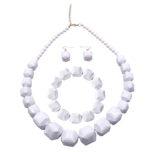 Halawly White Beads Necklace, Acrylic Costume Jewelry for Women Chunky Statement Strand Necklaces with Bracelet Dangle Earrings, Big African Beaded Necklace - color: White Set Long