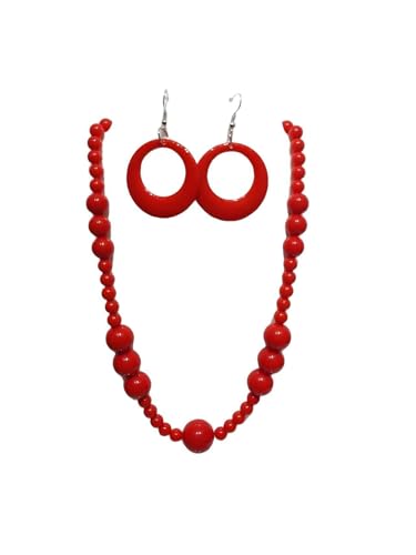 KZL Colorful Round Acrylic Beaded Jewelry Set for Women, Retro 80s Neon Dangle Earrings & Chunky Beaded Necklace, Costume Party Festival Accessories - color: Red