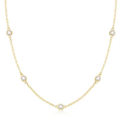 Mothers Day Gifts - Dainty Silver Gold Necklaces for Women Cute Station Choker Simulated Diamond Necklace Simple Layering CZ Necklace Trendy Jewelry Gifts - color: Gold, style: 5pcs Round CZ-Cable Chain
