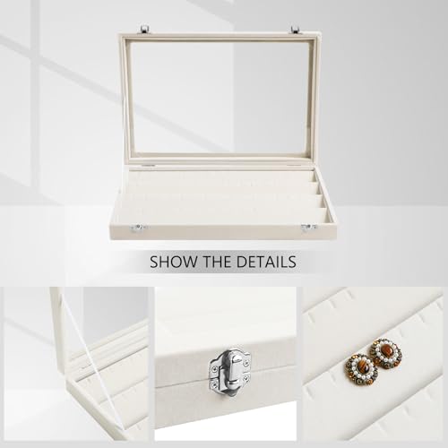 Wudygirl Jewelry Organizer Velvet Earring Organizer with Clear Lid 32 Pairs Earring Holder Jewelry Tray Display Case (Beige 64 Slot) - style: Beige Earrings Tray
