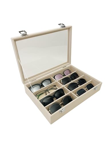 Large Beige Premium Quality Velvet Jewelry Display Box Tray Stackable Practical Trade Show Home Store Eyewear Tray with Glass Lid - color: Eyewear Tray with Lid