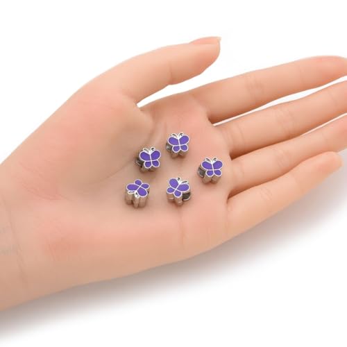 20pcs Purple Enamel Butterfly Symbol of Transformation Large Hole Animal Beads (Hole 4.5mm) Antique Silver for Earrings Bracelet Necklace Anklet Jewelry Making MEC-A12 - size: Butterfly (Enamel)