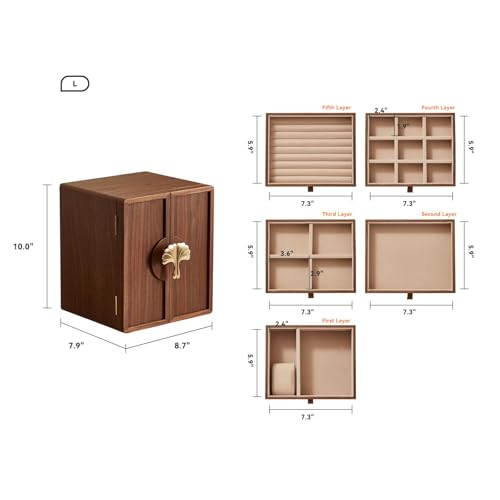 CHOSIN Black Walnut Wooden Jewelry Box 5 Layer Large Wood Jewelry Organizer Brass Handle for Necklaces Rings Earrings Watches Storage Monther Mothers Day Gifts for Mom (7.9x8.7x10.0inches) - style: Ginkgo Leaf - Shaped Handle