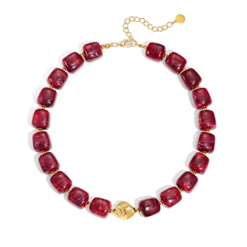 Colorful Chunky Necklaces for Women Multicolored Large Square Acrylic Beads Necklace Trendy Bold Statement Beaded Necklace Summer Vacation Choker Jewelry - color: Burgundy