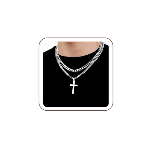 SENRAN Layered Cross Necklace for Men Boys Stainless Steel Layered Cuban Link Chain 16-24 inch Christian Cross Pendant Religious Jewelry Gifts - color: Silver, style: 16inch/18inch
