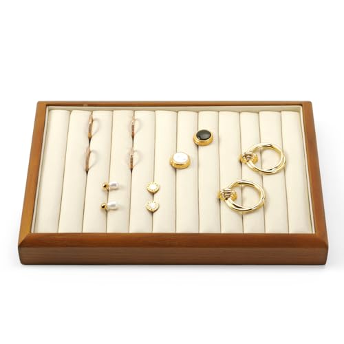 11 Slots Solid Wood Jewelry Tray Microfiber Ring Earring Drawer Organizer Holder for Storage Display (Cream White) - style: 11 Slot