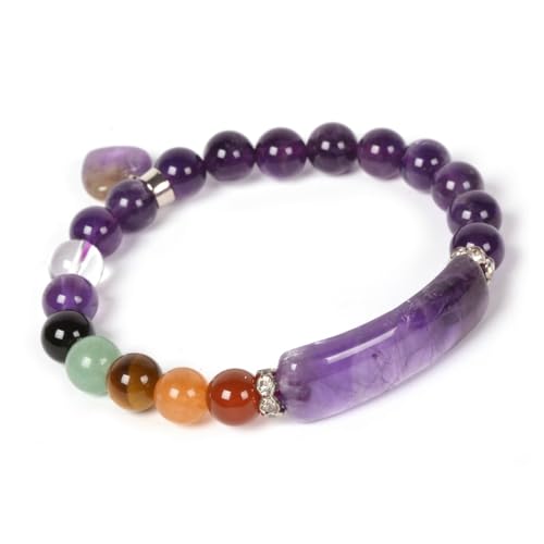 Justinstones Gem Semi Precious Gemstone Love Heart Charm Stretch Beaded Bracelet Unisex - color: Amethyst(7 Chakra)