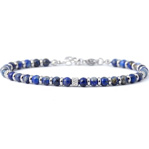 Ganbatte Handmade Beaded Bracelet, Natural Stone and Silver Stainless Steel, Boho Style Women's Jewelry - color: Lapis Lazuli