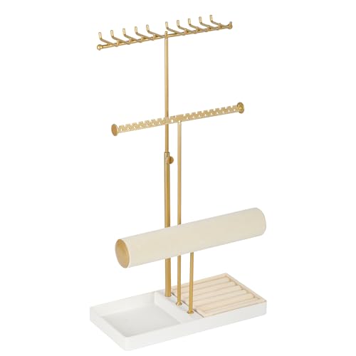 Tirzah 3-Tier Adjustable Jewelry Holder Organizer Stand with 20 Necklace Hooks, 18 Earring Holes and Notches, Bracelet Holder, 6 Ring Rolls, Jewelry Tray for Girls, Women - color: Gold & White, for Necklace Earring Bracelet