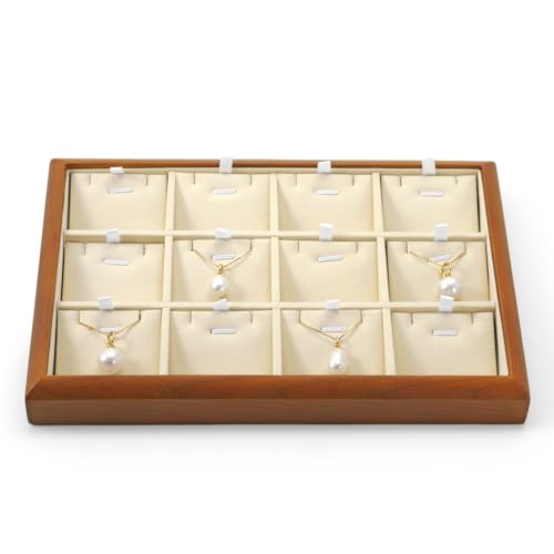 12 Grids Solid Wood Necklace Jewelry Tray Microfiber Bracelet Chain Pendant Drawer Holder With Removable Jewellery Cards for Storage Display (Cream White) - style: 12 Grid with Insert