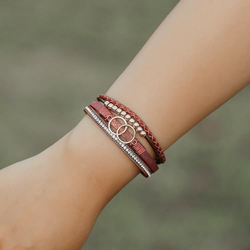 FANCY SHINY Mothers Day Gifts Boho Leather Wrap Bracelet Stackable Infinity Chunky Cuff Bracelets Western Hippie Outfits Jewelry Valentine Gifts for Women - color: Burgundy