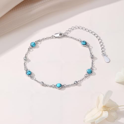 HPQQ Anklet Bracelet for Women 925 Sterling Silver Natural Stone Chain Bead Ankle Bracelet Beach Summer Fine Jewelry Mothers Day Birthday Gifts for Women Mom Wife - color: Bracelet-7"-9"-Turquoise