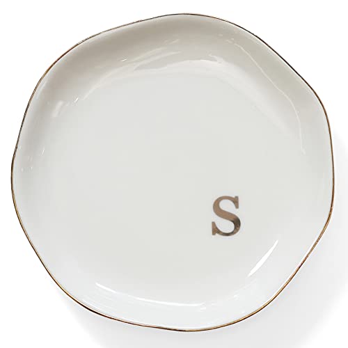 HOME SMILE Initials Ring Dish Jewery Tray with Personalized S-Monogrammed Engagement Wedding Gifts for Friends,Sister,Birthday Christmas Gifts for Women,Ceramic White - style: s