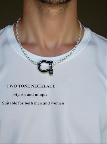 18K Gold Plated Buckle Necklace with Heavy Screw Anchor Shackle Wheat Chain Two Tone Carabiner 17.7 Inch Stainless Steel Foxtail Chain - color: Silver necklace with black clasp