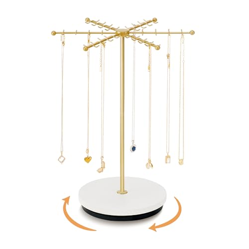 Poyilooo Necklace Holder Jewelry Stand, Rotating Necklace Holder Organizer with 48 Hooks for Necklace Earring Keychains Bracelet Display Stand, Metal Necklace Tree Stand -Women Gifts (Gold) - color: Gold