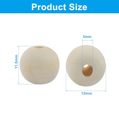 200Pcs Natural Wood Beads, 12mm Small Round Wooden Balls, 1/2Inch Unfinished Wooden Beads for Crafts, DIY Jewelry, Dream Catchers - size: 12mm