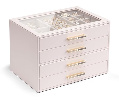 VLANDO 4 Layer Jewelry Box for Women, Glass Lid Jewelry Organizer with 4 Drawers for Necklaces Rings Earrings Bracelets - Light Pink - color: B. Pink, size: 4-Layer