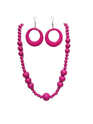 KZL Colorful Round Acrylic Beaded Jewelry Set for Women, Retro 80s Neon Dangle Earrings & Chunky Beaded Necklace, Costume Party Festival Accessories - color: Rose Red