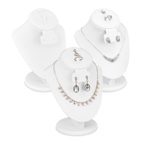 MOOCA 3 Pcs Set White Leatherette Combination Display Jewelry Stand Bust for Necklaces, Earrings, Rings, Jewelry Display For Vendors - color: White PU Faux Leather, 3 pieces