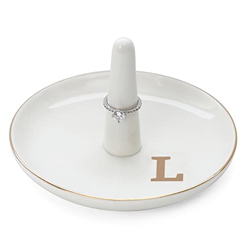 HOME SMILE Initials Ring Holder Jewery Tray with personalized L-Monogrammed Engagement Gifts for Friends,Birthday Mother's Day Christmas Gifts for Women,Ceramic White - style: L