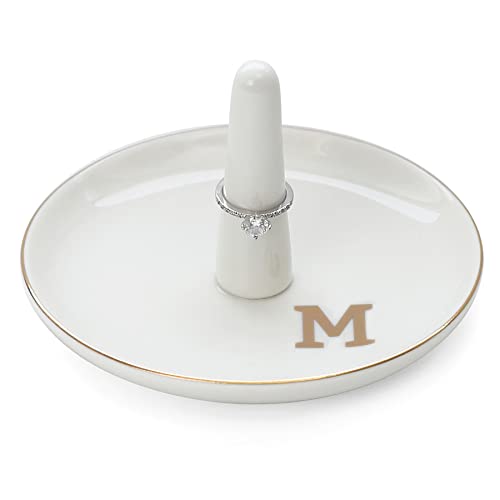 HOME SMILE Initials Ring Holder Jewery Tray with personalized M-Monogrammed Engagement Gifts for Friends,Birthday Mother's Day Christmas Gifts for Women,Ceramic White - style: M