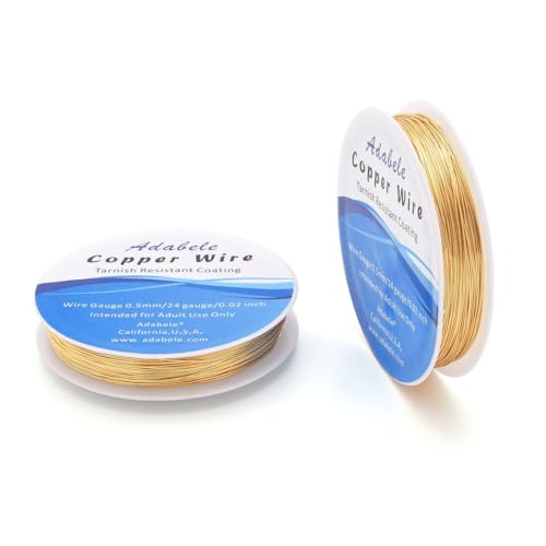 Adabele 147 Feet Premium Tarnish Resistant Round Jewelry Wire Copper Beading Wire Spool Bulk (0.5mm/24 Gauge) 18K Gold Plated for DIY Craft Jewelry Making BF286-5 - color: 18K Yellow Gold/Light Gold, size: 0.5mm (24 gauge) wire - 1 Roll