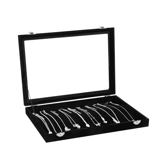 Wudygirl Jewelry Organizer Necklace Organizer Box 20 Hooks Necklaces Holder Display Case Black Velvet Jewelry Organizer with Clear Lid(Black Necklace Tray) - style: Necklace Tray