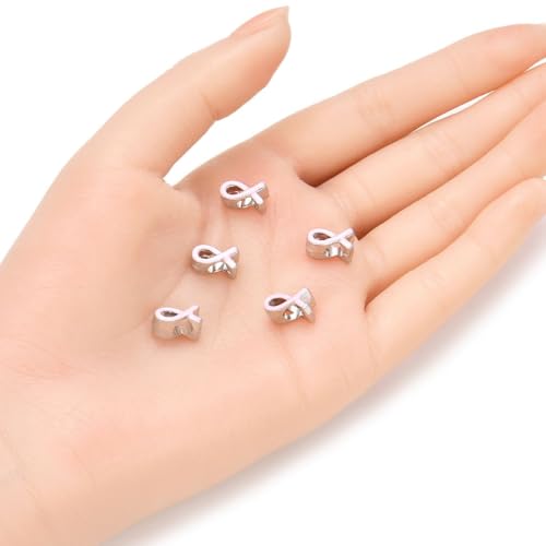40pcs Pink Ribbon Symbol of Awareness Large Hole Enamel Loose Beads (4.5mm Hole) Antique Silver Metal Spacer for DIY Craft Jewelry Making MEC-C14 - size: Pink Ribbon