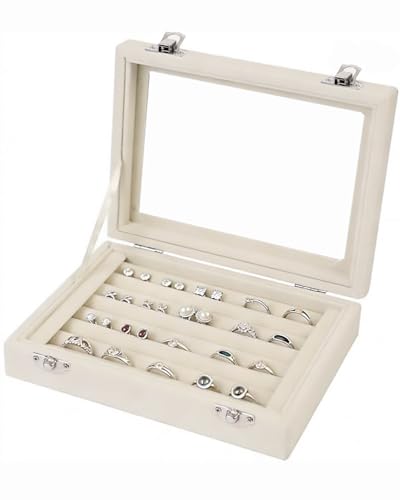 Jewelry Box Rings Organizer Tray 7 Slots Velvet Jewelry Earring Storage Box With Transparent Lid Jewelry Display Case for Girls Women (Beige) - color: Beige