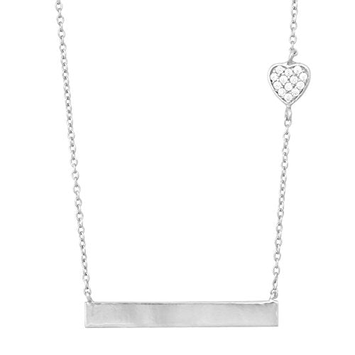 Horizontal Bar Necklace for Women, Sterling Silver or 14K Gold Plated Silver, Minimalist, CZ Diamond, Dainty Bar Pendant - Unique Jewelry Gift - style: Heart Accent - Silver