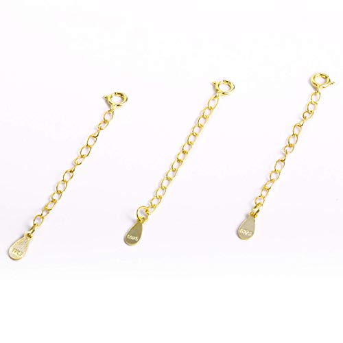3 Pcs Necklace Extender, 925 Sterling Silver Extension for Jewelry Necklace Bracelet Anklet Extenders for Women Jewelry Making Chains 2 inch, Gold - color: 3 Golden Extension Chains