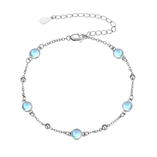 HPQQ Anklet Bracelet for Women 925 Sterling Silver Natural Stone Chain Bead Ankle Bracelet Beach Summer Fine Jewelry Mothers Day Birthday Gifts for Women Mom Wife - color: Bracelet-7"-9"-Moonstone