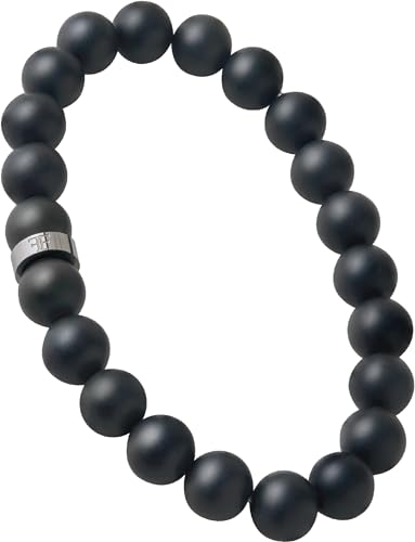 Forge & Foundry Men’s Matte Black Solid Onyx Beaded Bracelet | 10mm, 8mm, 6mm Bead Size Options | Signature Stainless Steel Engraved Bead | Andalus - color: 8mm Silver, size: Medium
