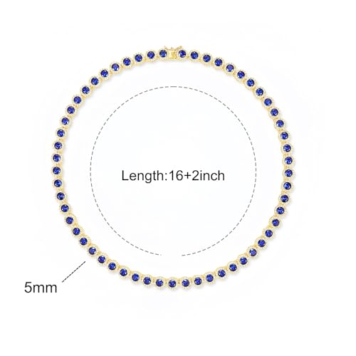 Gemsme 18K White Gold Plated Halo Necklace 5.0mm Round Cubic Zirconia Classic Tennis Necklace - color: Yellow Gold - Blue, size: 22 inch