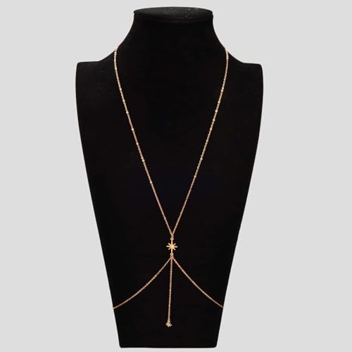 14K Gold Plated Body Chains for Women, Sexy Layered Belly Waist Chain Crossover Bikini Bra Chain, Summer Beach Rhinestone Body Jewelry - style: Gold Starlight