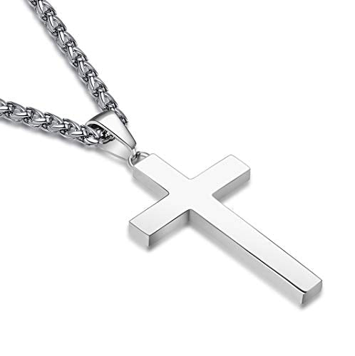 P. BLAKE Stainless Steel Cross Pendant Necklace for Men Boys, Christian Cross Pendant with 16-24 Inches Chain Cross Necklace Jewelry Gifts - size: 24 inches, style: Silver Pendant 1.7*0.9